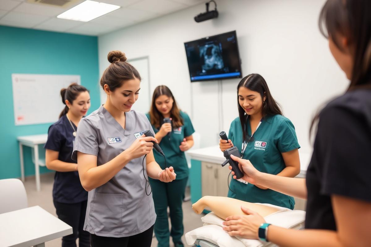Enfermeiros praticando com ultrassom portátil durante treinamento presencial